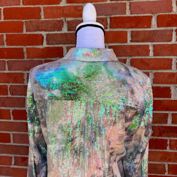 Cache Button Front Sequin White Grey Green Blue Shimmer Top Women's Small - Picture 7 of 7